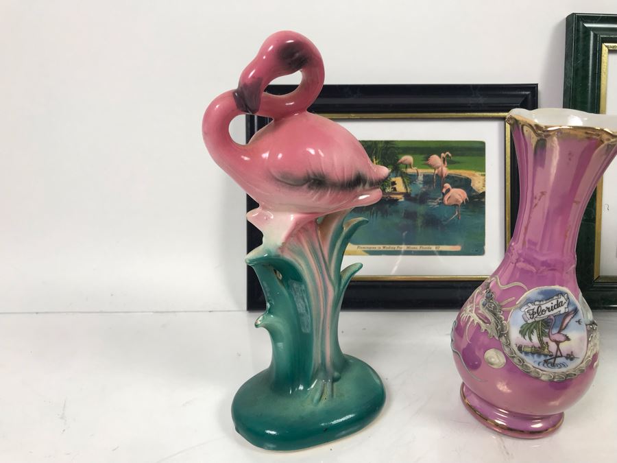 Huge Vintage Flamingo Palm Springs Themed Lot With Figurines, Vase, Trays And Framed Vintage Flamingo Postcards [Photo 16]
