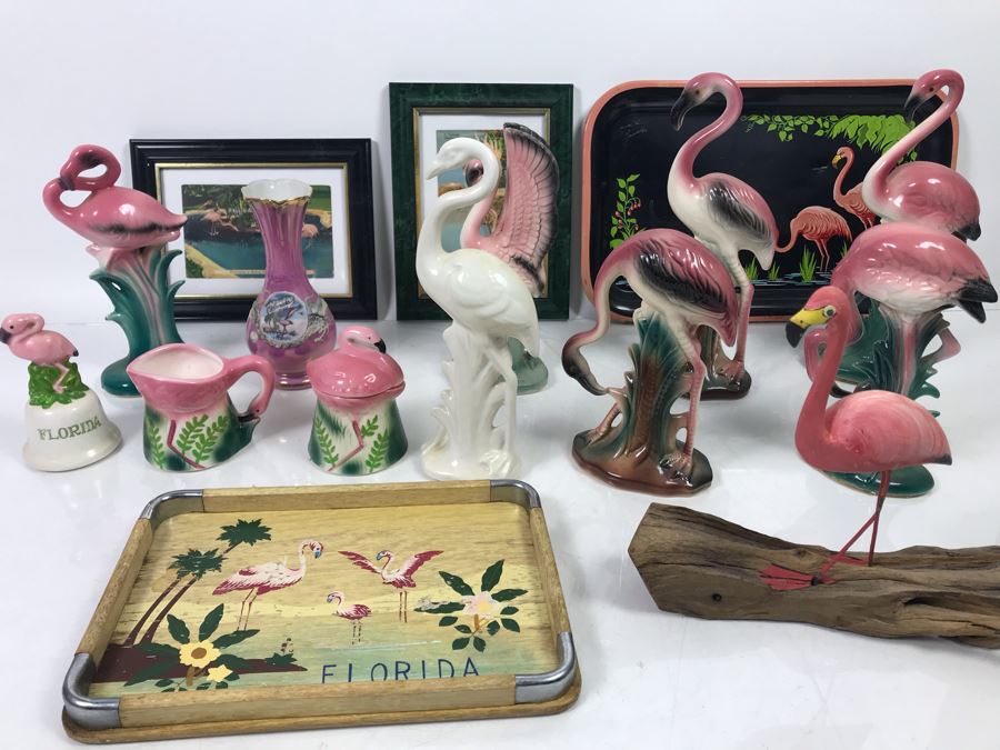 Huge Vintage Flamingo Palm Springs Themed Lot With Figurines, Vase, Trays And Framed Vintage Flamingo Postcards