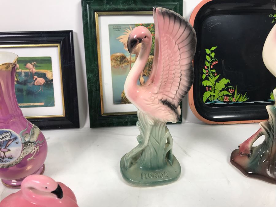 Huge Vintage Flamingo Palm Springs Themed Lot With Figurines, Vase, Trays And Framed Vintage Flamingo Postcards [Photo 11]