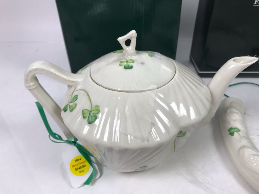 New Beleek Fine Parian China Lot With Harp Teapot, Good Luck Horseshoe, Claddagh 2 Piece Mug Set And Mug Retails $275 [Photo 3]