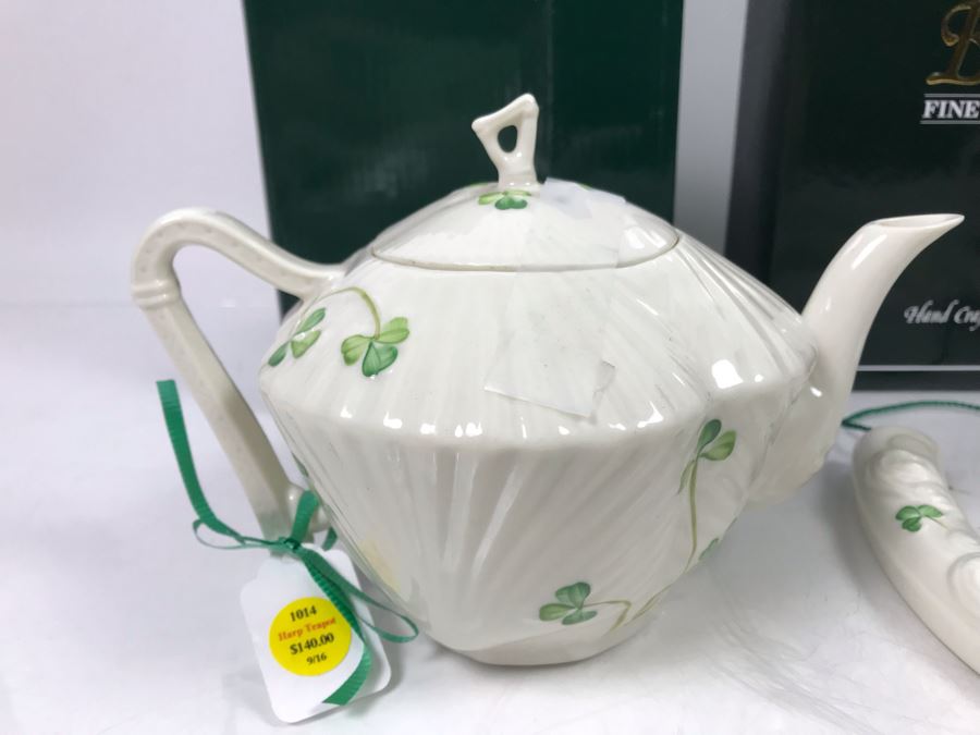 New Beleek Fine Parian China Lot With Harp Teapot, Good Luck Horseshoe, Claddagh 2 Piece Mug Set And Mug Retails $275 [Photo 2]