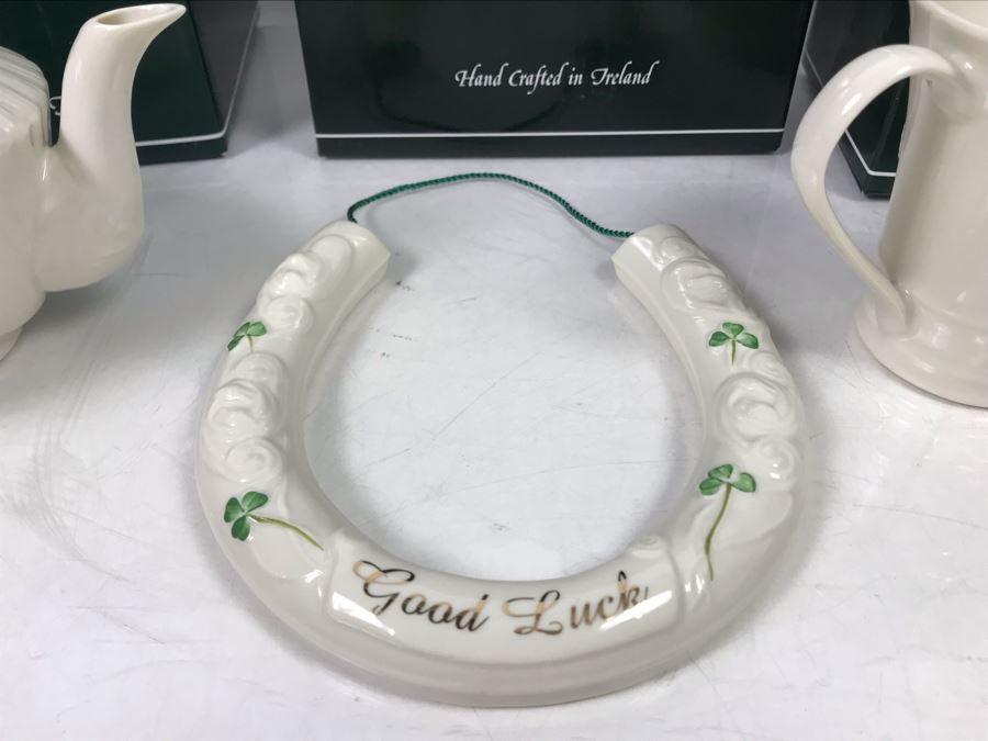 New Beleek Fine Parian China Lot With Harp Teapot, Good Luck Horseshoe, Claddagh 2 Piece Mug Set And Mug Retails $275 [Photo 6]