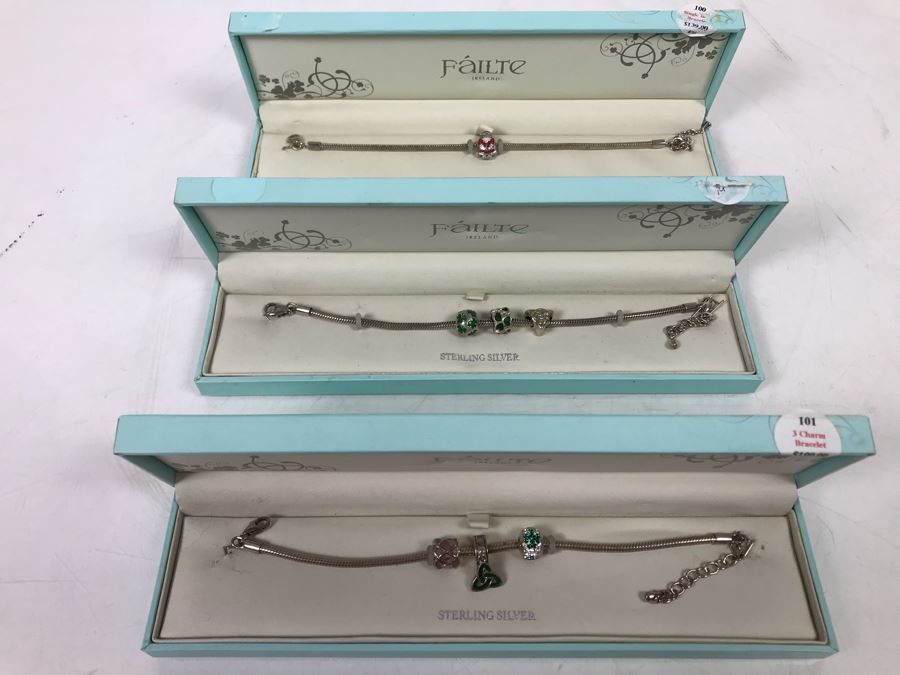 (3) Sterling Silver Failte Solvar Ireland Charm Bracelets Retails $537