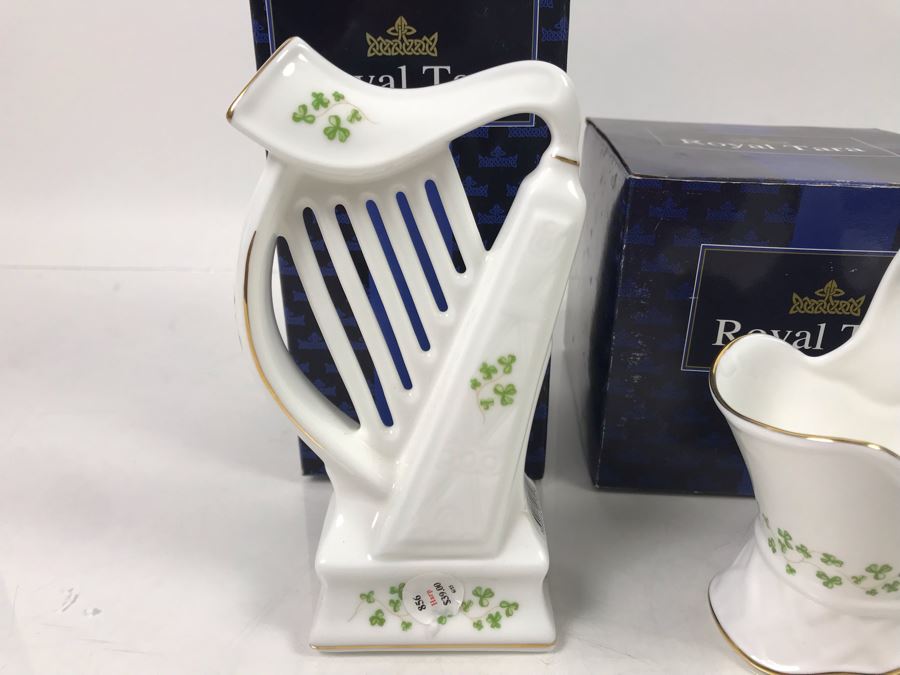 (3) New Royal Tara Fine Bone China Ireland Pieces (2) Planters And (1) Irish Harp - Trellis Shamrock Retails $137 [Photo 2]