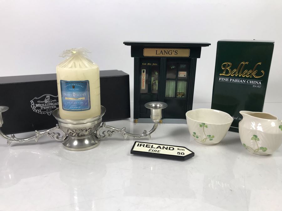 New Belleek Fine Parian China Sugar & Creamer, Irish Pub Key Rack, New Mullingar Pewter Candleholder Centerpiece And Ireland Sign Plaque [Photo 2]