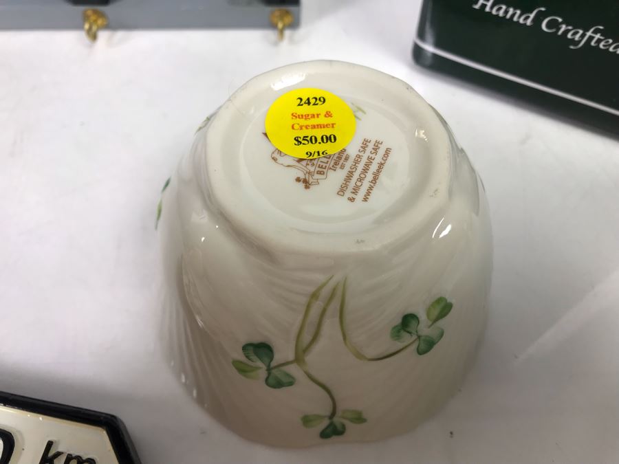 New Belleek Fine Parian China Sugar & Creamer, Irish Pub Key Rack, New Mullingar Pewter Candleholder Centerpiece And Ireland Sign Plaque [Photo 11]