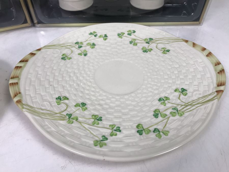 New Belleek Fine Parian China Irish  (2) Latte Sets, Shamrock Bread Plate And Harp Marriage Blessing Plate Retails $280 [Photo 4]