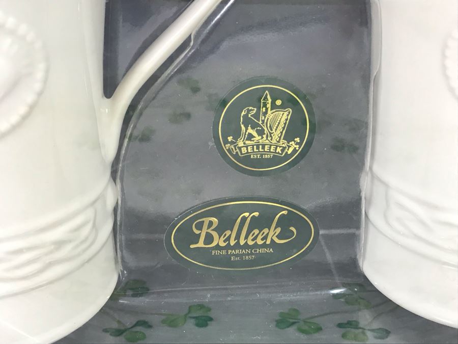 New Belleek Fine Parian China Irish  (2) Latte Sets, Shamrock Bread Plate And Harp Marriage Blessing Plate Retails $280 [Photo 11]