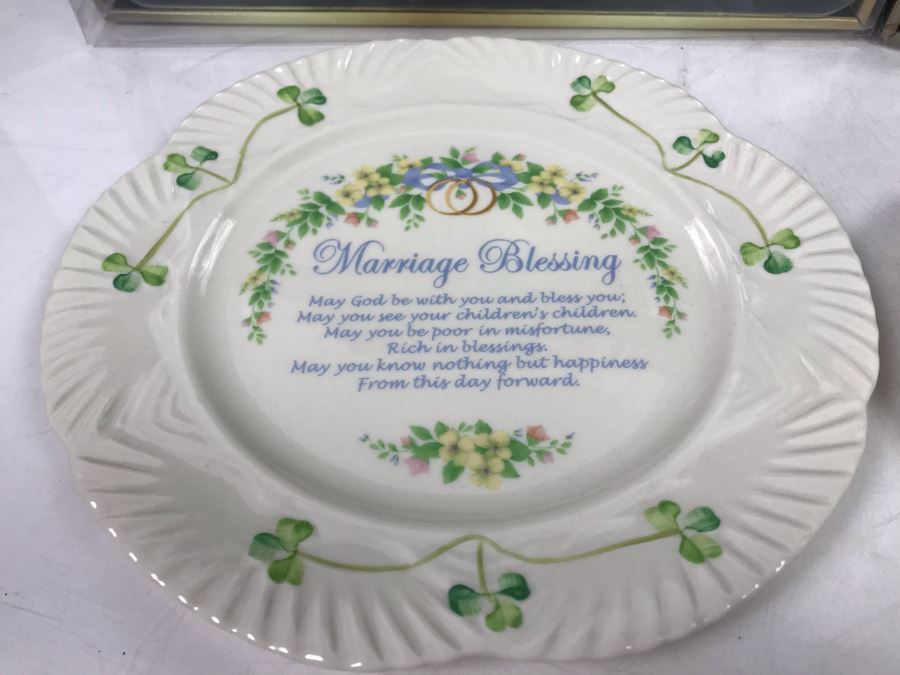 New Belleek Fine Parian China Irish  (2) Latte Sets, Shamrock Bread Plate And Harp Marriage Blessing Plate Retails $280 [Photo 8]