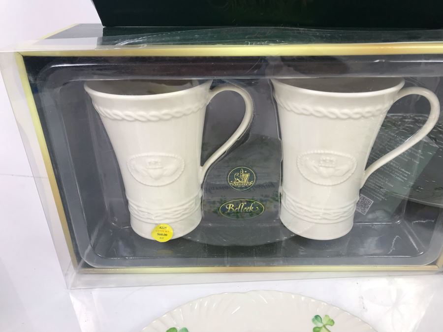 New Belleek Fine Parian China Irish  (2) Latte Sets, Shamrock Bread Plate And Harp Marriage Blessing Plate Retails $280 [Photo 7]