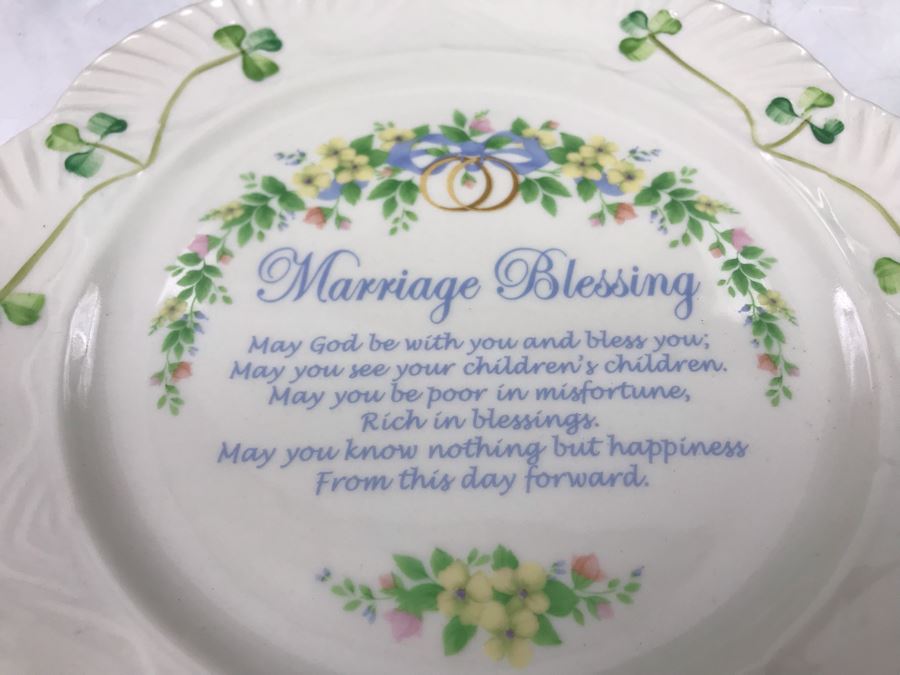 New Belleek Fine Parian China Irish  (2) Latte Sets, Shamrock Bread Plate And Harp Marriage Blessing Plate Retails $280 [Photo 9]