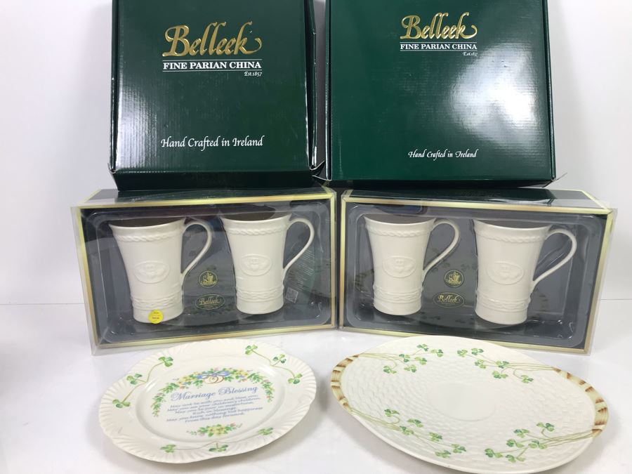 New Belleek Fine Parian China Irish  (2) Latte Sets, Shamrock Bread Plate And Harp Marriage Blessing Plate Retails $280 [Photo 3]