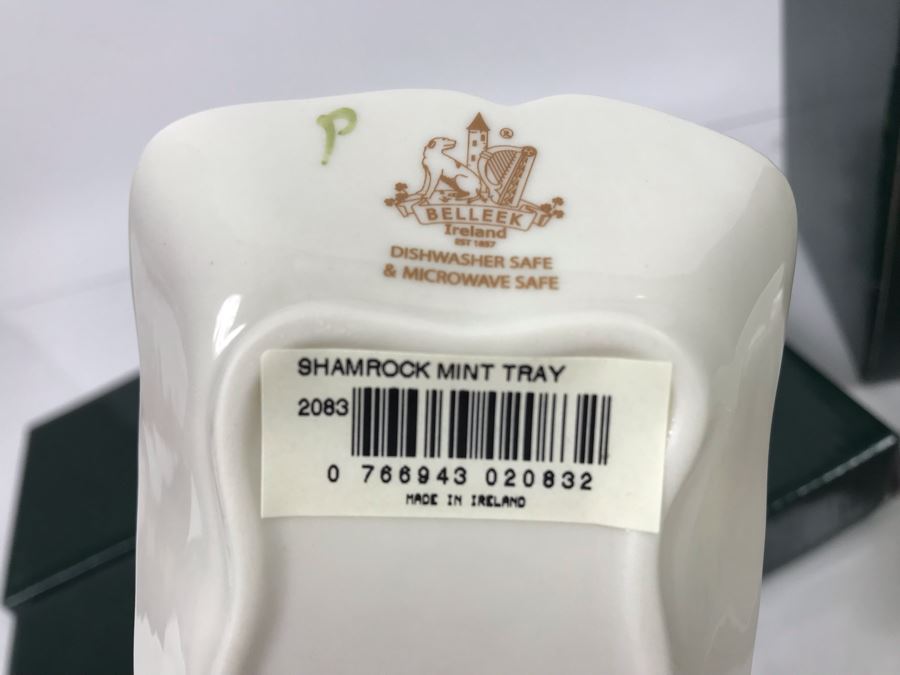 New Belleek Fine Parian China: (2) Shamrock Mint Trays, (1) Shamrock Cup And Saucer Set And (2) Sets Of (2) 10oz Claddagh Mugs Retails $220 [Photo 7]