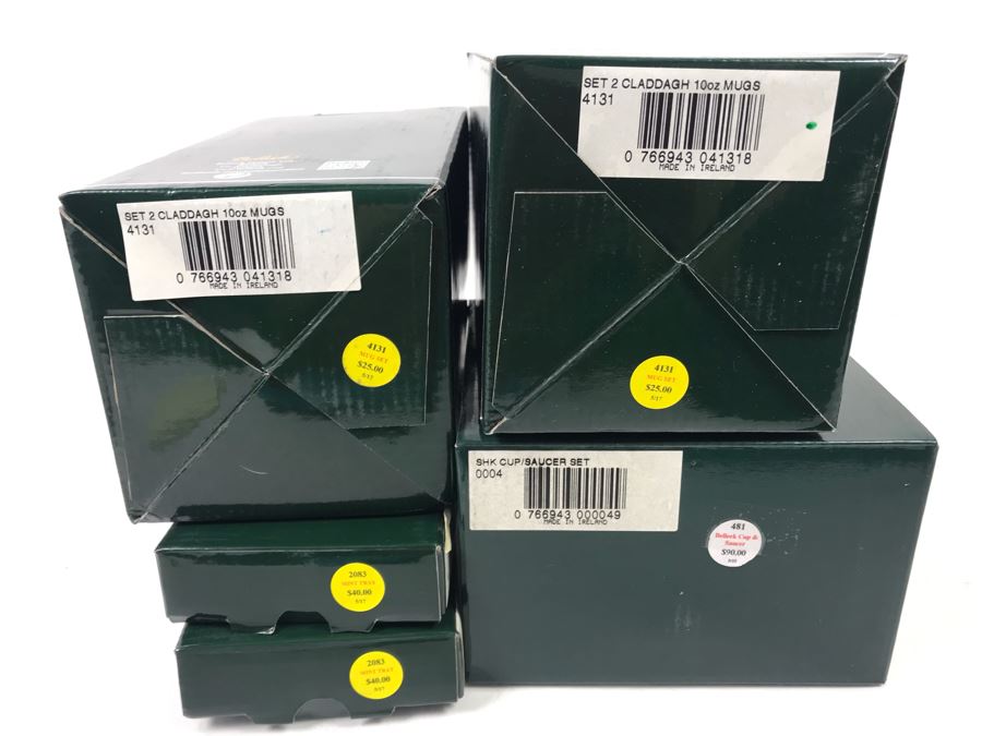 New Belleek Fine Parian China: (2) Shamrock Mint Trays, (1) Shamrock Cup And Saucer Set And (2) Sets Of (2) 10oz Claddagh Mugs Retails $220 [Photo 13]