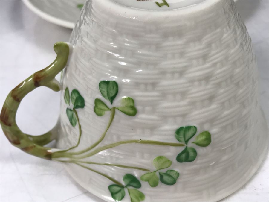 New Belleek Fine Parian China: (2) Shamrock Mint Trays, (1) Shamrock Cup And Saucer Set And (2) Sets Of (2) 10oz Claddagh Mugs Retails $220 [Photo 9]