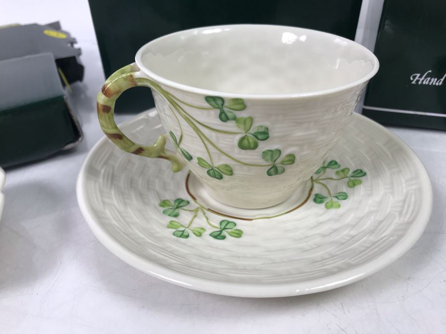 New Belleek Fine Parian China: (2) Shamrock Mint Trays, (1) Shamrock Cup And Saucer Set And (2) Sets Of (2) 10oz Claddagh Mugs Retails $220 [Photo 2]