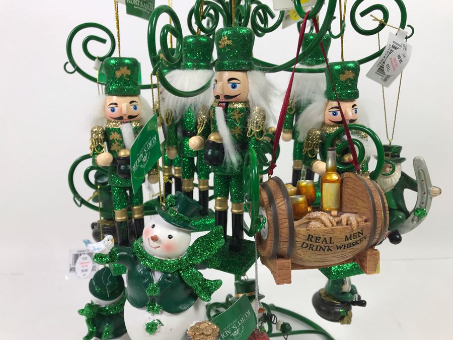 Green Metal Store Display With New Irish Themed Christmas Ornaments green-metal-store-display-with-new-irish-themed-christmas-ornaments