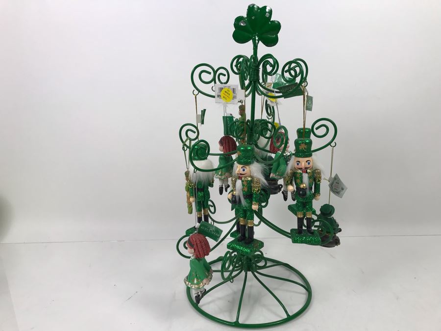 Green Metal Store Display With New Irish Themed Christmas Ornaments From Kurt S. Adler Including Nutcrackers Over $100 In Ornaments [Photo 1]