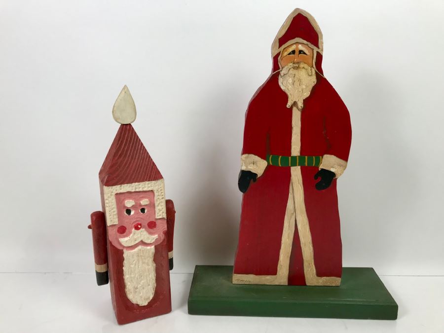 Pair Of Hand Painted Wooden Santa Claus Figurines Santa Claus On Right 18'H [Photo 1]