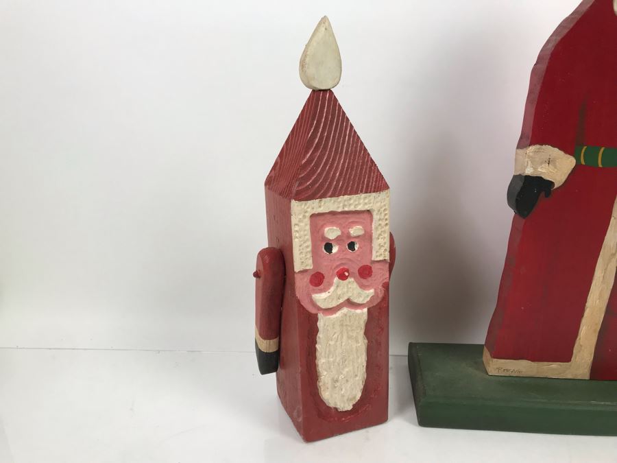 Pair Of Hand Painted Wooden Santa Claus Figurines Santa Claus On Right 18'H [Photo 2]