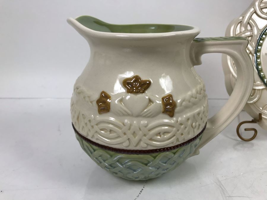 Irish Grasslands Road Lot With Teapot And Teacup, Double Handled Bowl, (2) Pitchers And Irish Plaque With Stand Retails $150 [Photo 10]