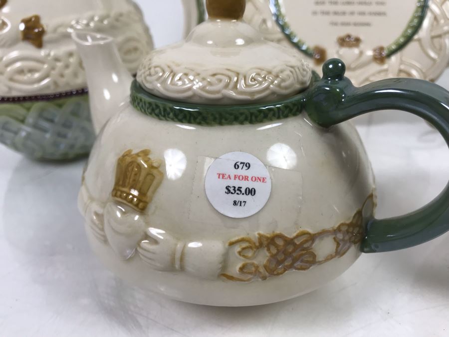 Irish Grasslands Road Lot With Teapot And Teacup, Double Handled Bowl, (2) Pitchers And Irish Plaque With Stand Retails $150 [Photo 7]