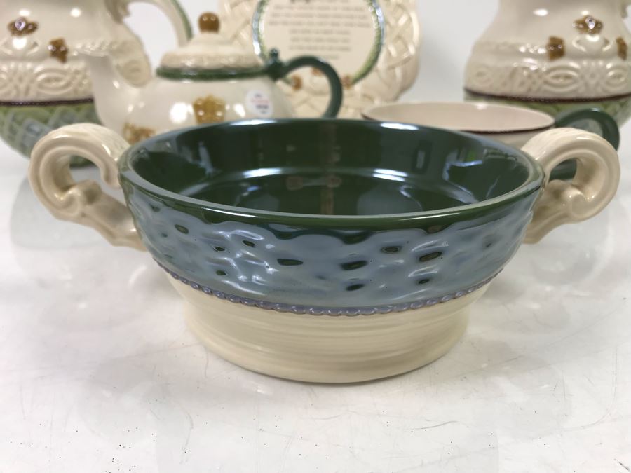 Irish Grasslands Road Lot With Teapot And Teacup, Double Handled Bowl, (2) Pitchers And Irish Plaque With Stand Retails $150 [Photo 3]