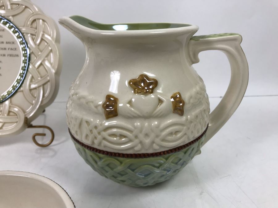 Irish Grasslands Road Lot With Teapot And Teacup, Double Handled Bowl, (2) Pitchers And Irish Plaque With Stand Retails $150 [Photo 11]
