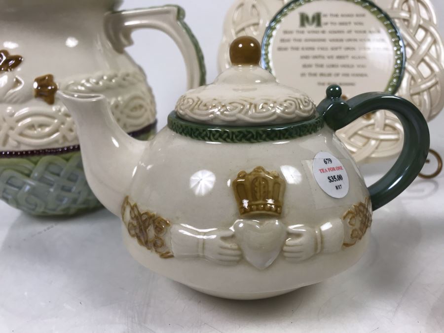 Irish Grasslands Road Lot With Teapot And Teacup, Double Handled Bowl, (2) Pitchers And Irish Plaque With Stand Retails $150 [Photo 6]