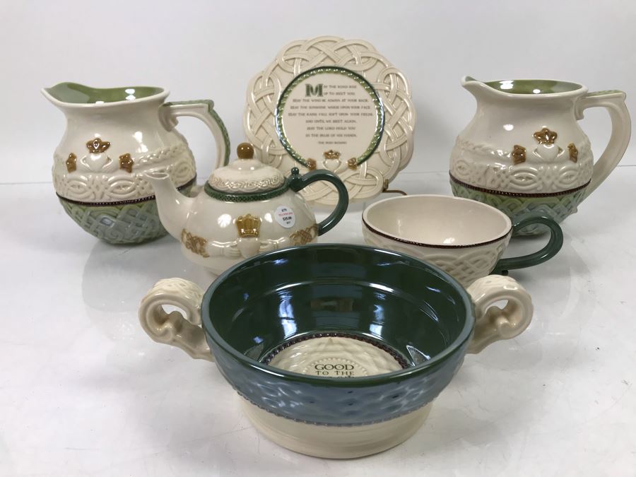 Irish Grasslands Road Lot With Teapot And Teacup, Double Handled Bowl, (2) Pitchers And Irish Plaque With Stand Retails $150 [Photo 2]