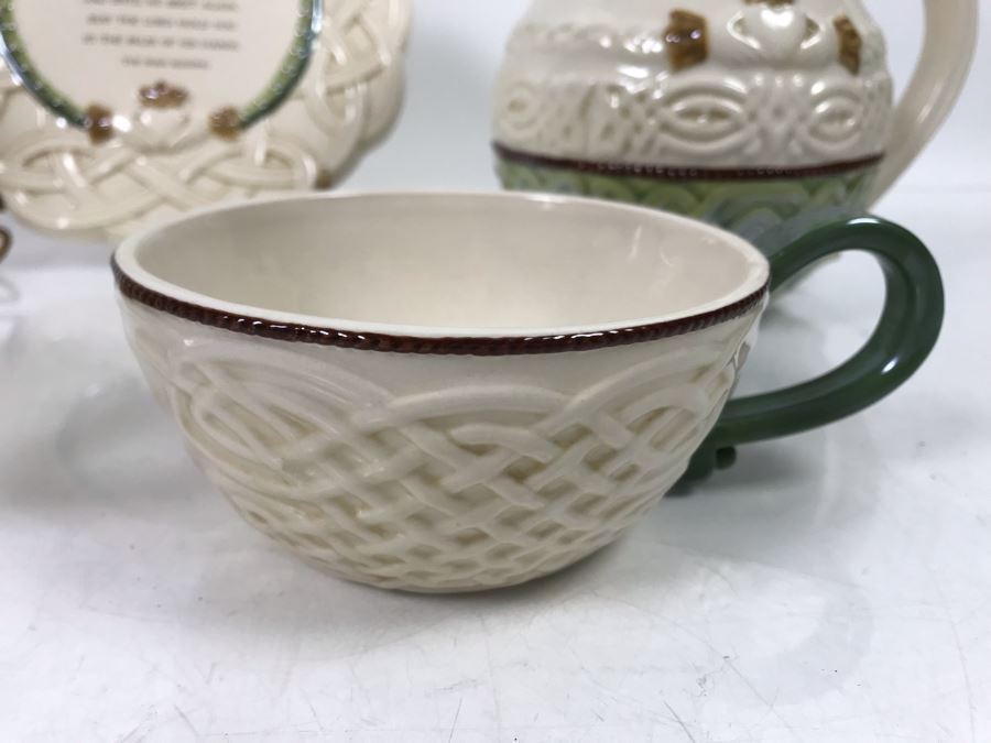 Irish Grasslands Road Lot With Teapot And Teacup, Double Handled Bowl, (2) Pitchers And Irish Plaque With Stand Retails $150 [Photo 8]