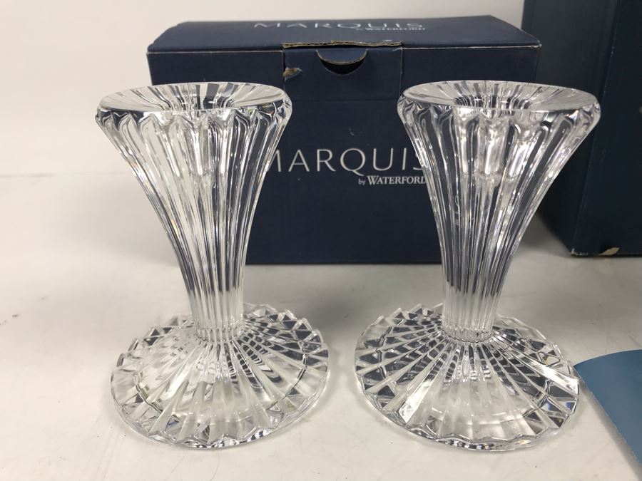 New Marquis By Waterford Pair Of Bezel 4' Candlesticks And Bezel Pitcher Retails $138  [Photo 5]