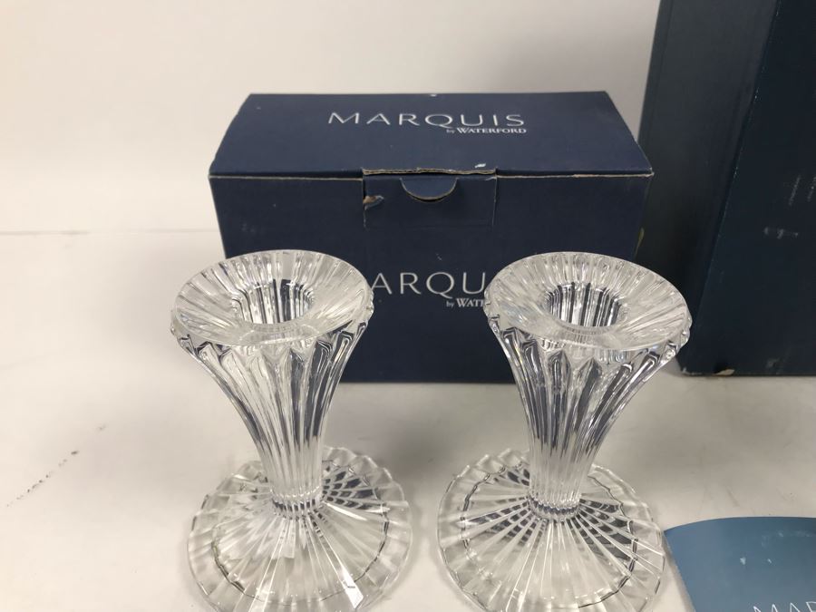 New Marquis By Waterford Pair Of Bezel 4' Candlesticks And Bezel Pitcher Retails $138  [Photo 7]