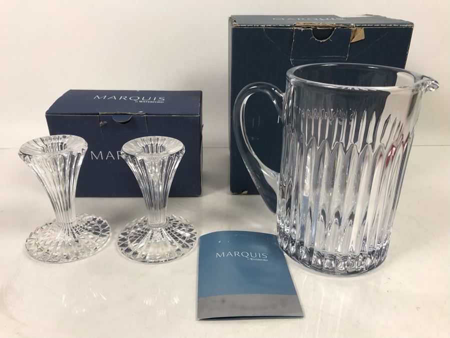 New Marquis By Waterford Pair Of Bezel 4' Candlesticks And Bezel Pitcher Retails $138  [Photo 2]
