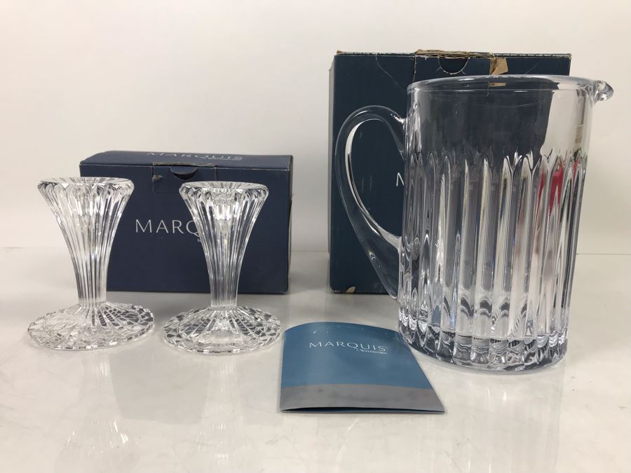 New Marquis By Waterford Pair Of Bezel 4' Candlesticks And Bezel Pitcher Retails $138 