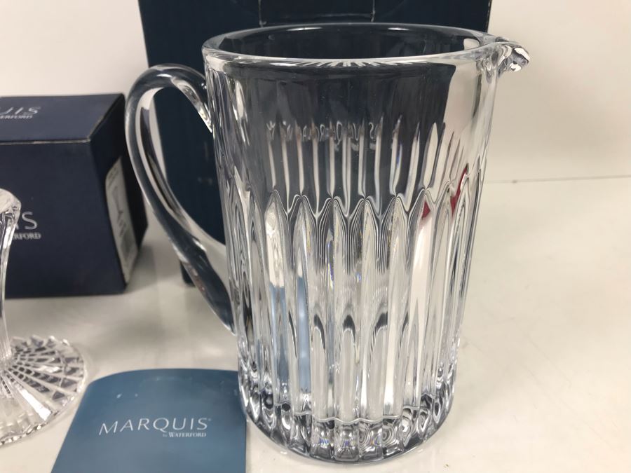 New Marquis By Waterford Pair Of Bezel 4' Candlesticks And Bezel Pitcher Retails $138  [Photo 3]