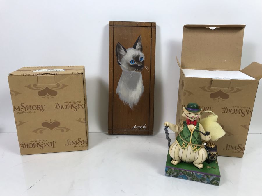 Pair Of New Jim Shore Heartwood Creek 'Charmed, To Be Sure' Cat Figurines And Original Signed Cat Painting On Board