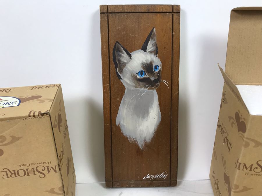 Pair Of New Jim Shore Heartwood Creek 'Charmed, To Be Sure' Cat Figurines And Original Signed Cat Painting On Board [Photo 8]