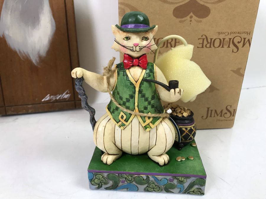 Pair Of New Jim Shore Heartwood Creek 'Charmed, To Be Sure' Cat Figurines And Original Signed Cat Painting On Board [Photo 2]