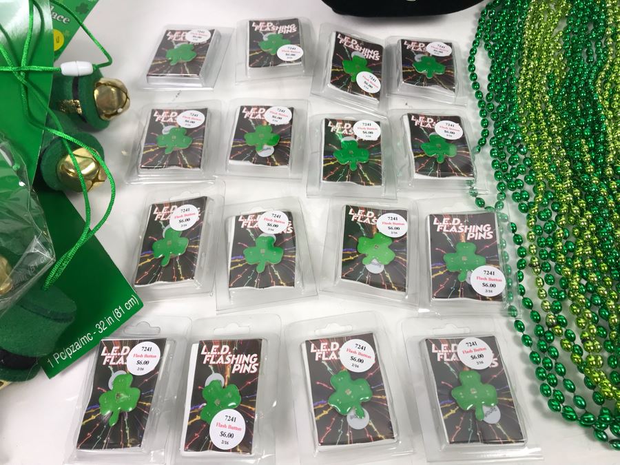 (16) LED Flashing Clover Pins, Green Bead Necklaces And (13) St. Patricks Day Bell Necklaces Retails Over $200 [Photo 2]