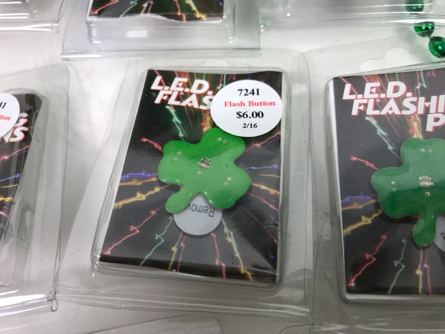 (16) LED Flashing Clover Pins, Green Bead Necklaces And (13) St. Patricks Day Bell Necklaces Retails Over $200 [Photo 3]