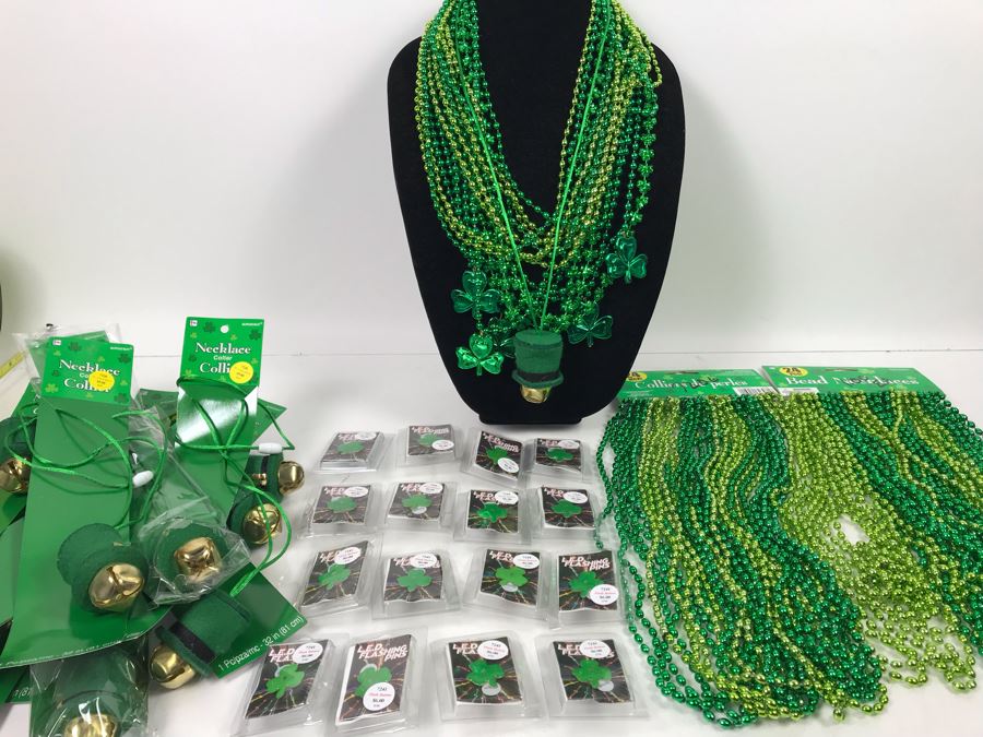 (16) LED Flashing Clover Pins, Green Bead Necklaces And (13) St. Patricks Day Bell Necklaces Retails Over $200