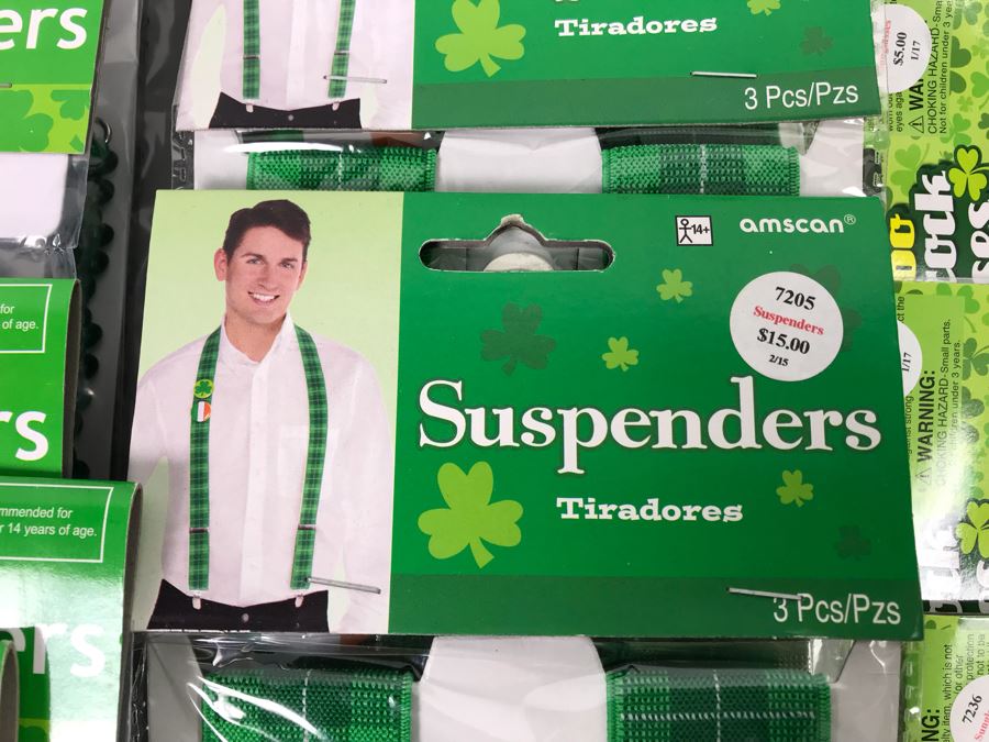Irish Themed Costume Lot With (11) Jumbo Shamrock Novelty Glasses And (14) Irish Novelty Suspenders Retails $238 [Photo 4]