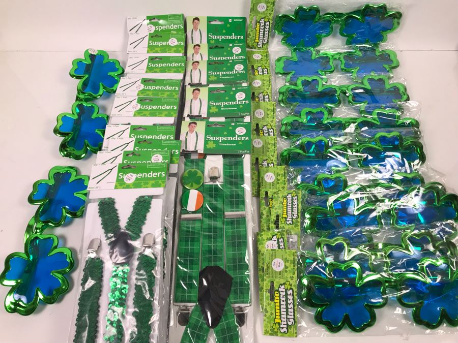 Irish Themed Costume Lot With (11) Jumbo Shamrock Novelty Glasses And (14) Irish Novelty Suspenders Retails $238 [Photo 2]