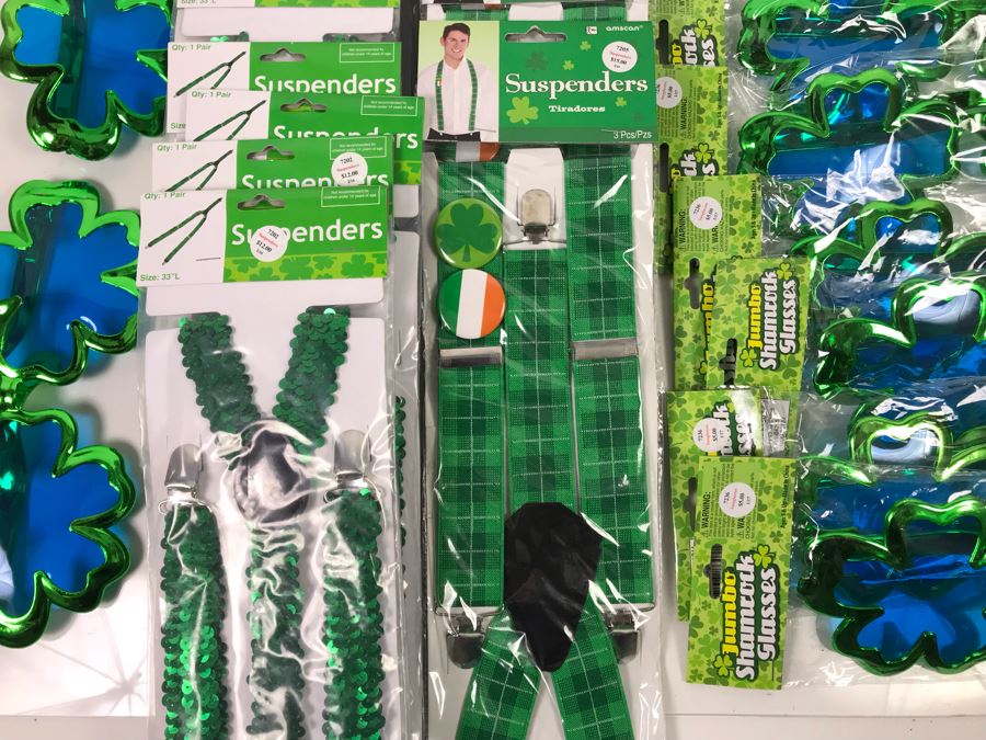 Irish Themed Costume Lot With (11) Jumbo Shamrock Novelty Glasses And (14) Irish Novelty Suspenders Retails $238 [Photo 3]