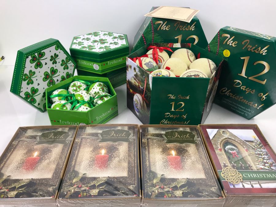New (3) Shamrock Baubles, (2) Tara 12 Days Of Christmas Ornaments And (4) Irish Themed Abbey Press Christmas Cards Sets Retails $200 [Photo 2]