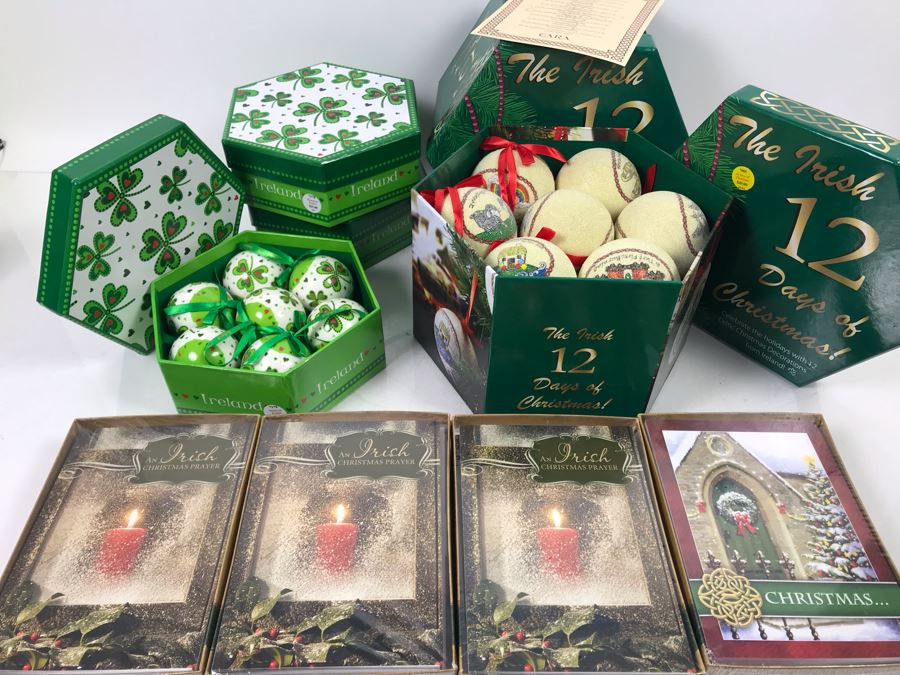 New (3) Shamrock Baubles, (2) Tara 12 Days Of Christmas Ornaments And (4) Irish Themed Abbey Press Christmas Cards Sets Retails $200 [Photo 1]