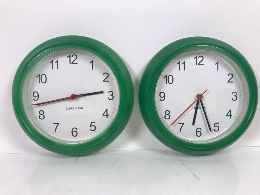 Pair Of Green Quartz Clocks Showing Carlbad And Dublin Time