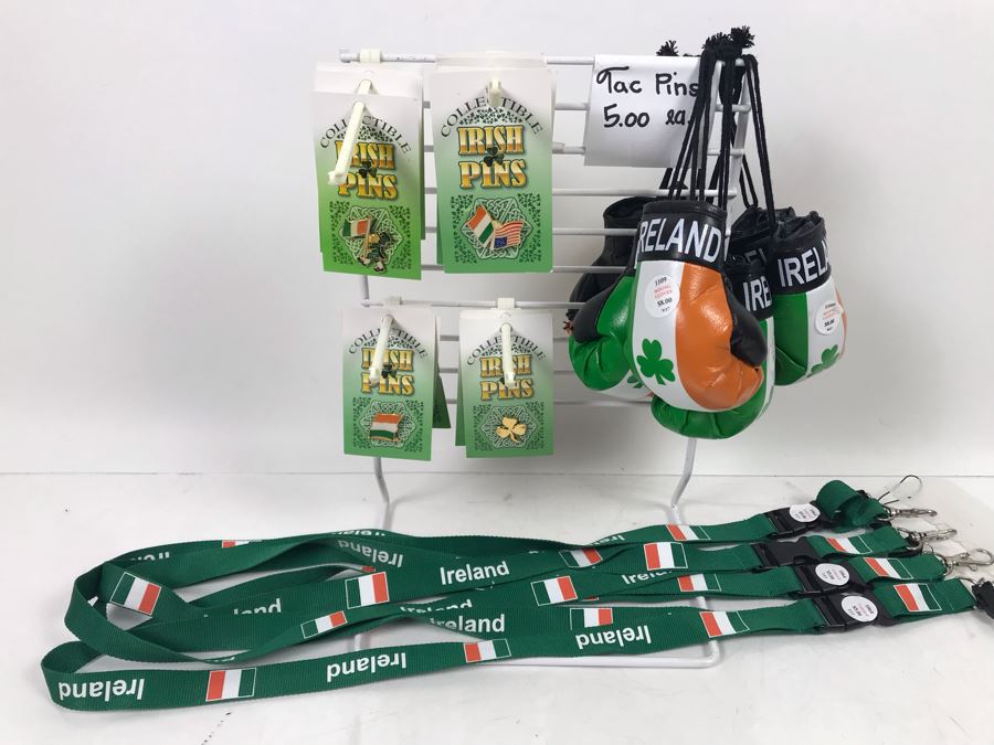 (13) New Irish Tac Pins, (3) Ireland Boxing Gloves And (4) Irish Lanyards With Retail Display Rack Retails Over $100 [Photo 1]