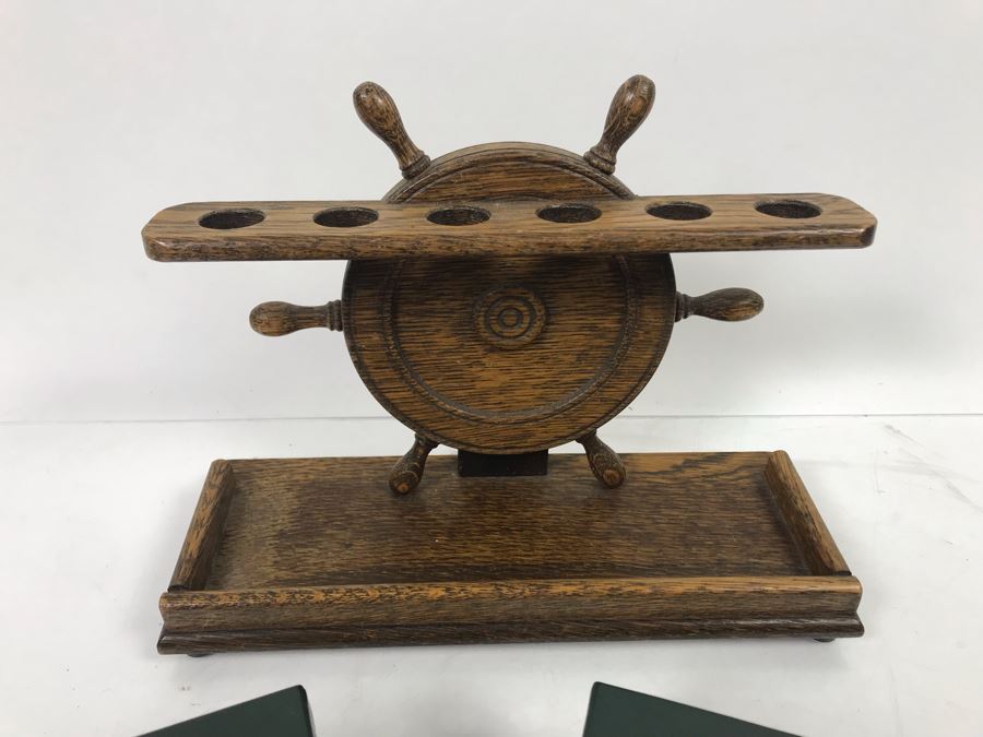 Vintage Nautical Ships Wheel Tobacco Pipe Stand Rack And (2) New Knockcroghery Clay Pipes From Ireland [Photo 3]